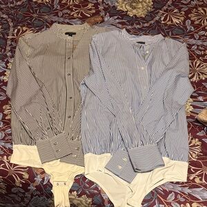 Striped Blue and Black Band-Collar Bodysuit Shirt - NWT JCrew 12T (Tall)